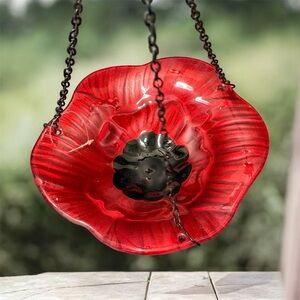 Hanging Glass Red Flower Bird Bath Bird Feeder 8 In for Garden Decoration